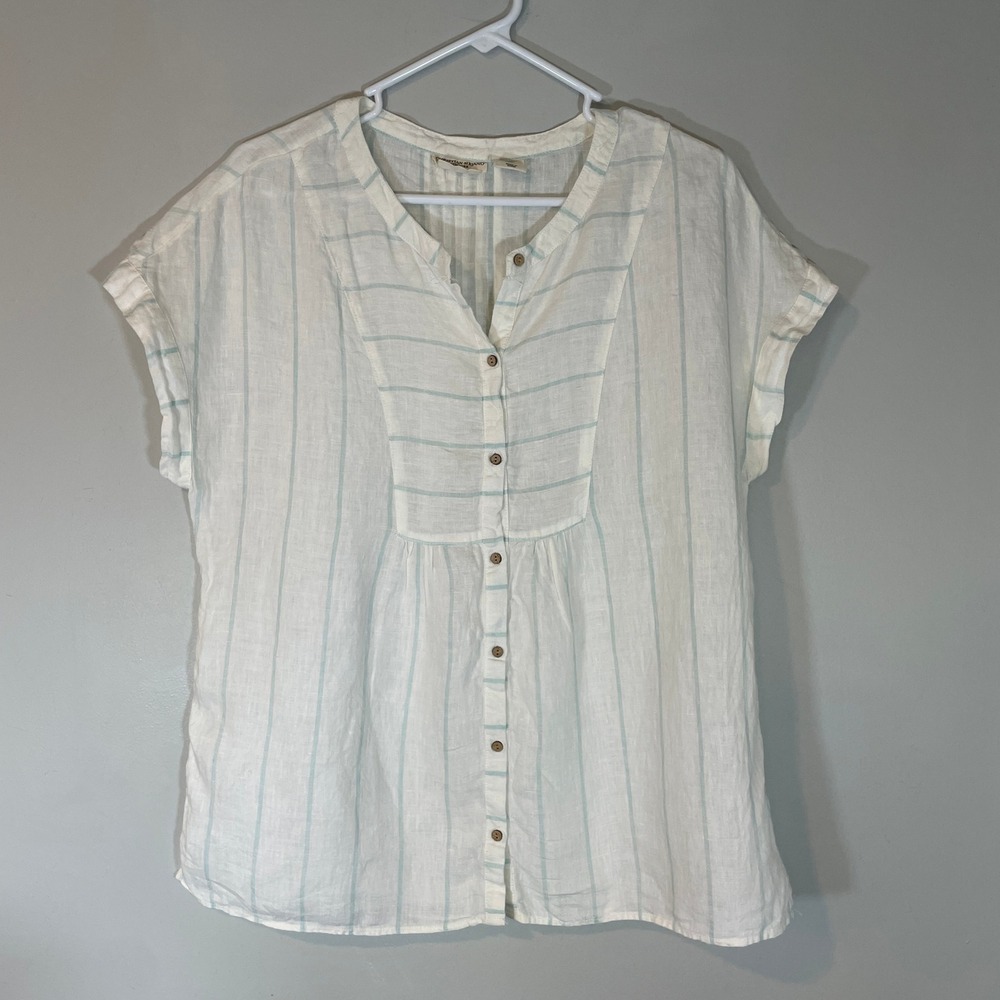 Christian Siriano New York Women M White Blue Striped 100% Linen Button Down Top